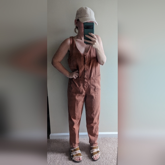 Jungmaven Hemp Button Front Romper in Terra Cotta size Medium - Picture 3 of 8